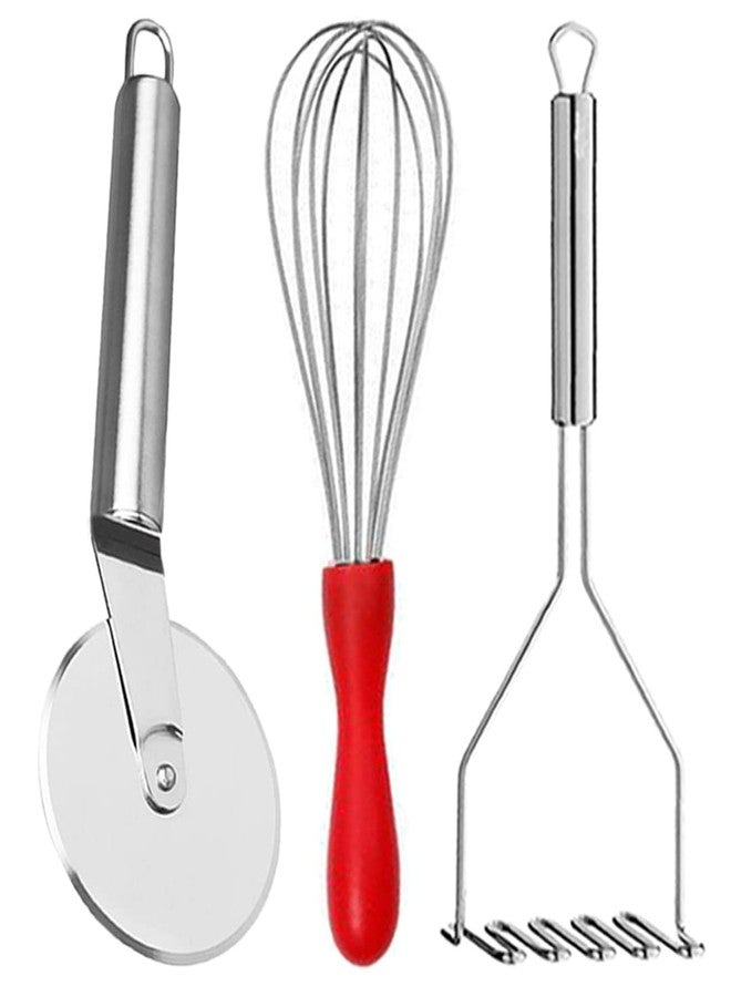 Oc9 Stainless Steel Pizza Cutter/Slicer & Egg Whisk/Egg Beater & Potato Masher/Pav Bhaji Masher for Kitchen - Image 1